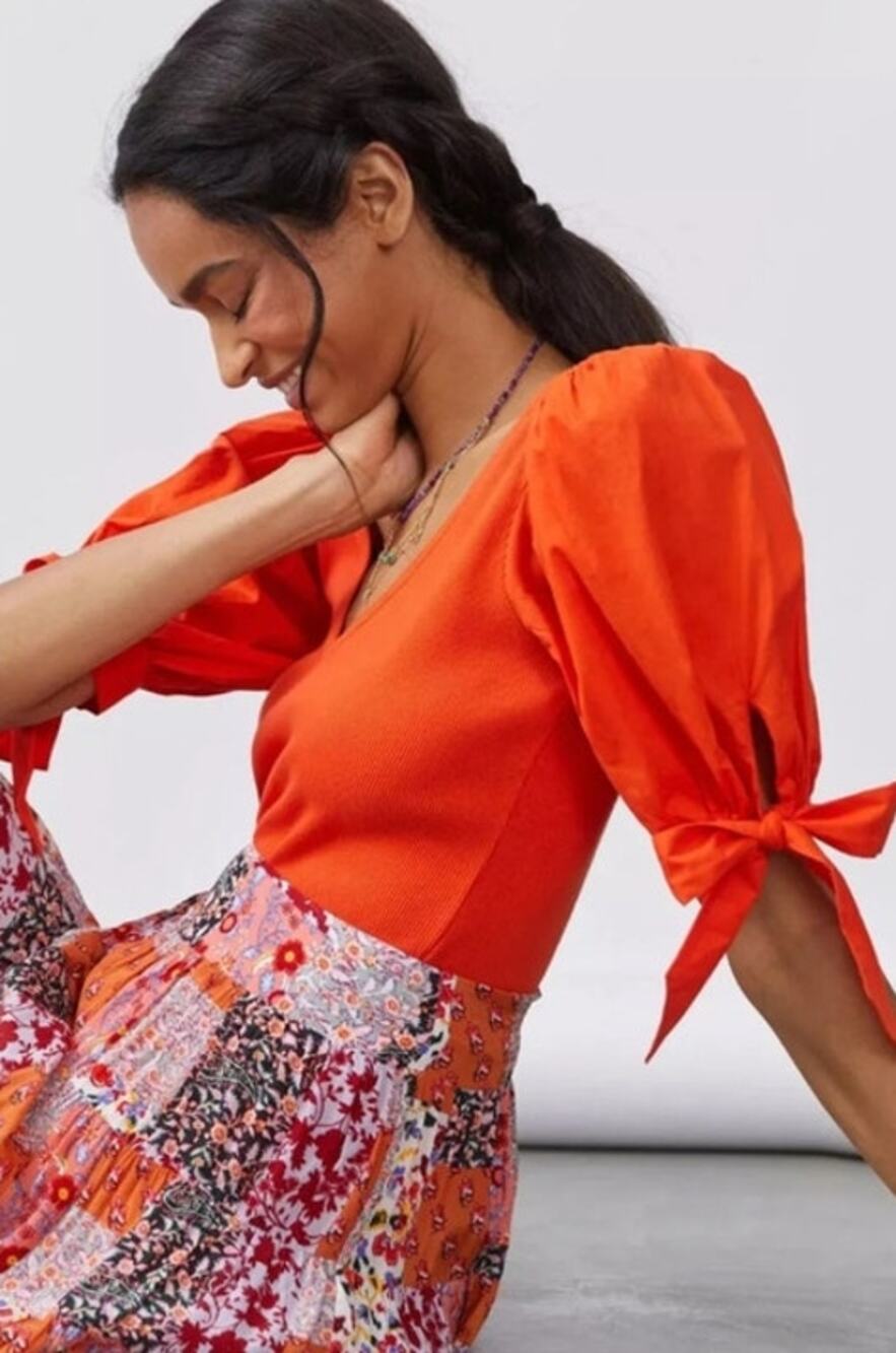 Maeve Anthropologie  Orange Puff-Sleeved Blouse Top Size S